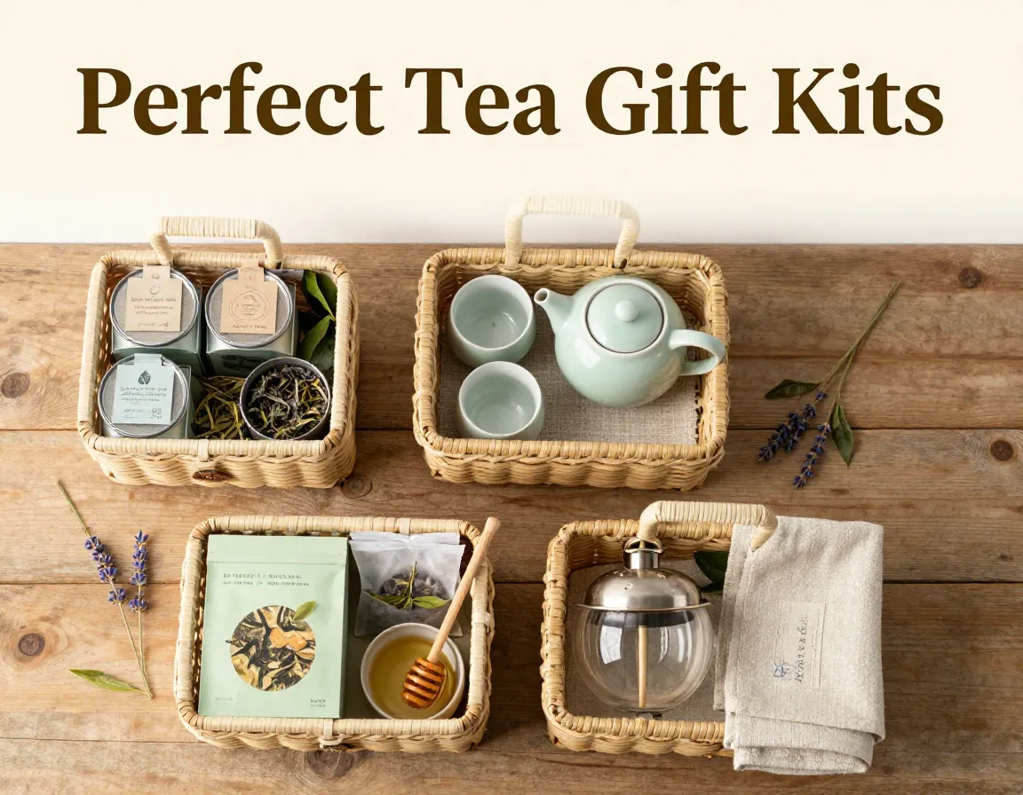 Elegant wicker basket tea gift kits flat lay composition