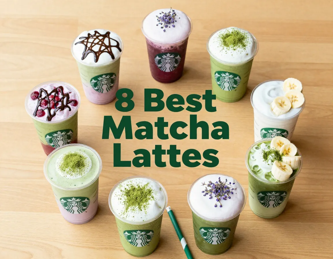 Starbucks matcha lattes eight variants colorful flat lay arrangement