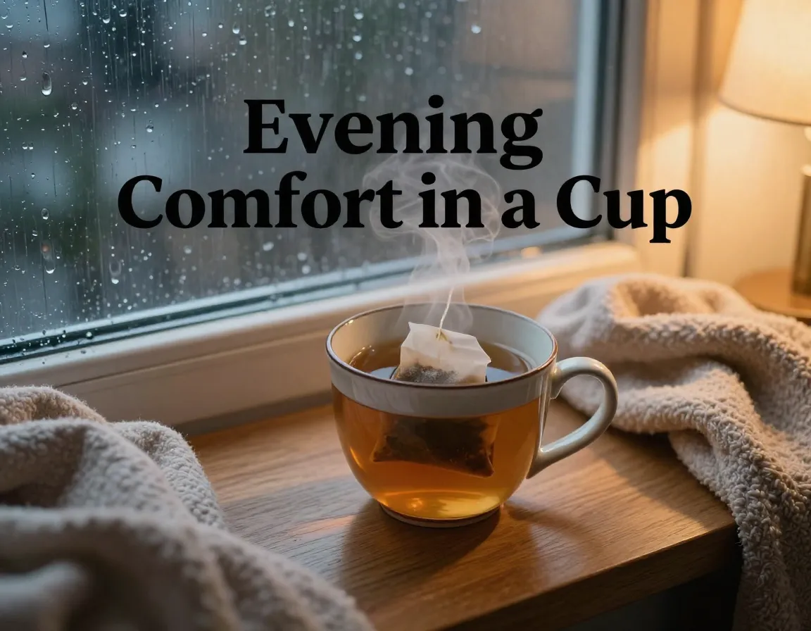 Steaming london fog tea mug rainy window cozy blanket evening