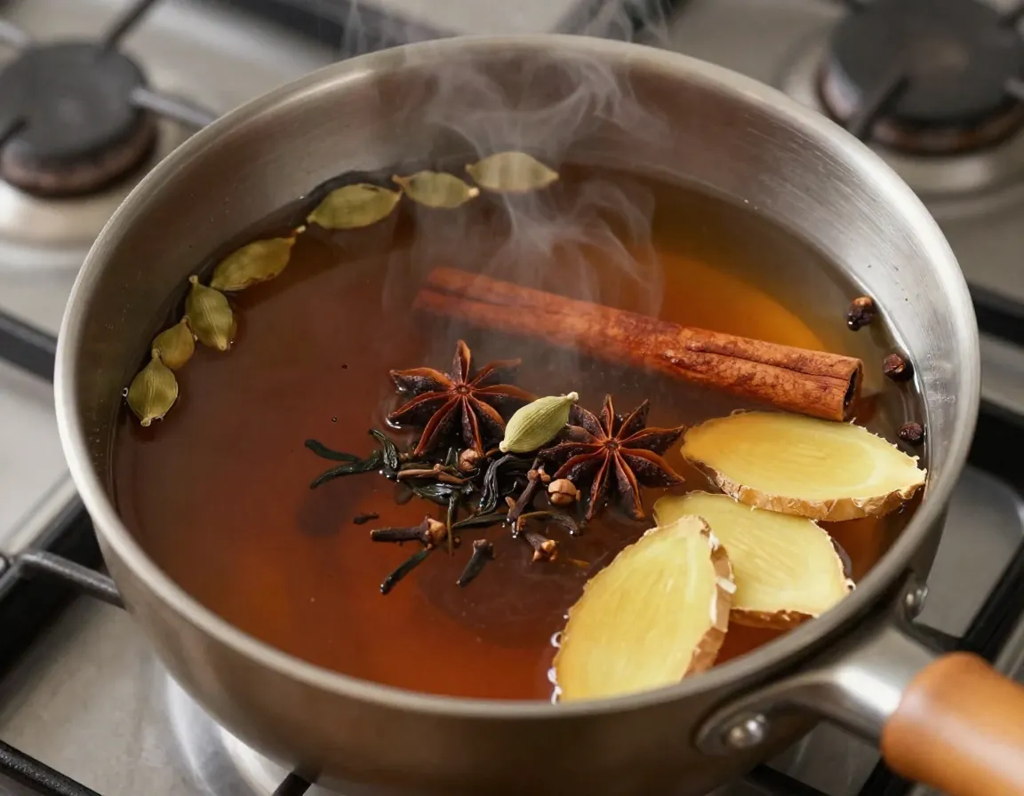 Classic masala chai with spices simmering in pot on stove