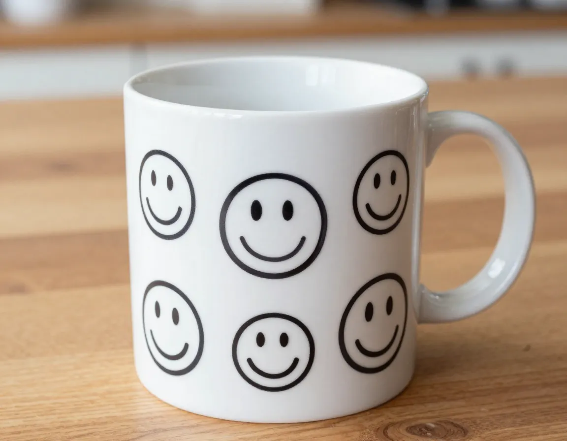 Classic smiley face collection white ceramic mug black doodles
