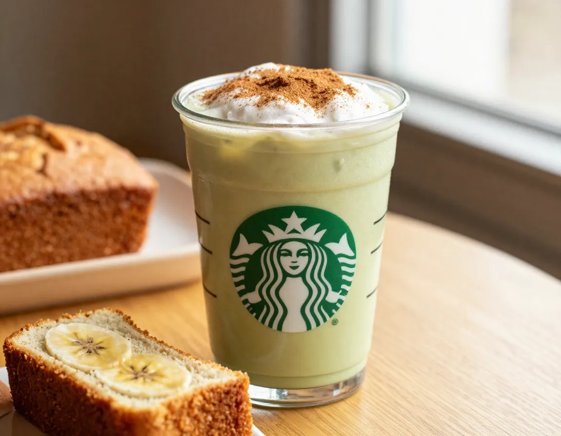 Iced banana bread matcha with cinnamon spice glass