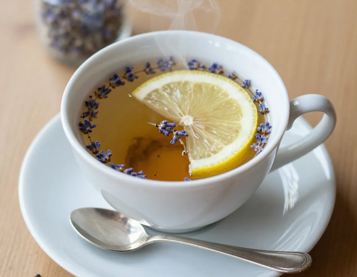 Steaming earl grey tea with lavender and lemon slice in mug