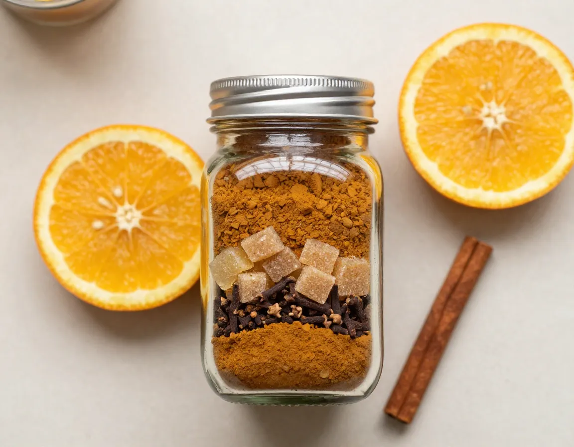 Glass jar of dry russian tea spice mix with orange slice
