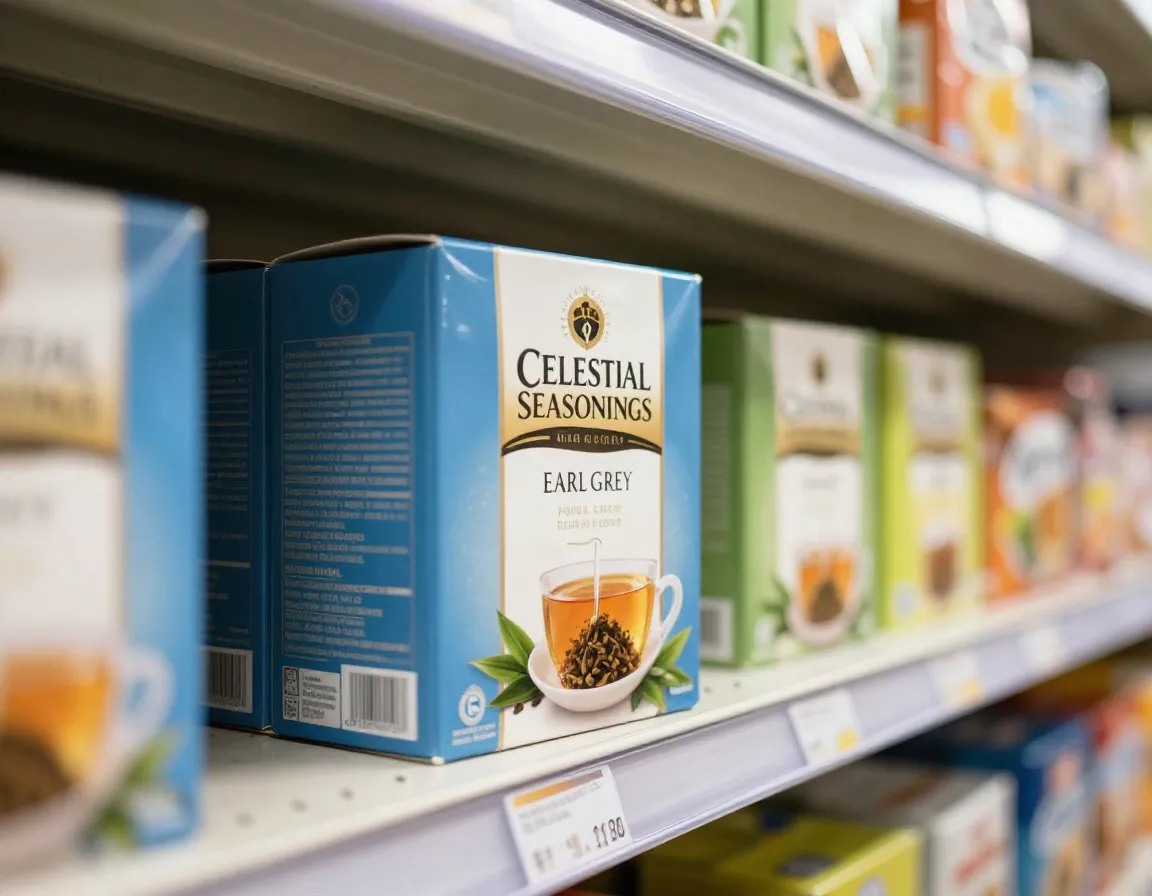 Celestial seasonings earl grey tea box on supermarket shelf