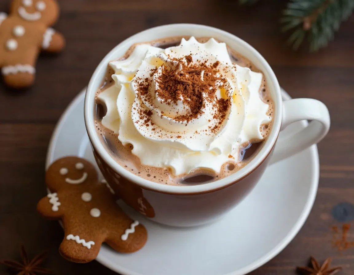 Gingerbread spice tea latte with whipped cream in mug