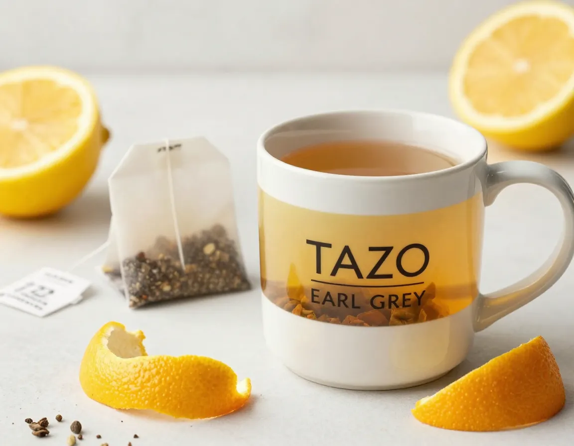 Tazo earl grey tea bag with multi citrus notes in modern mug