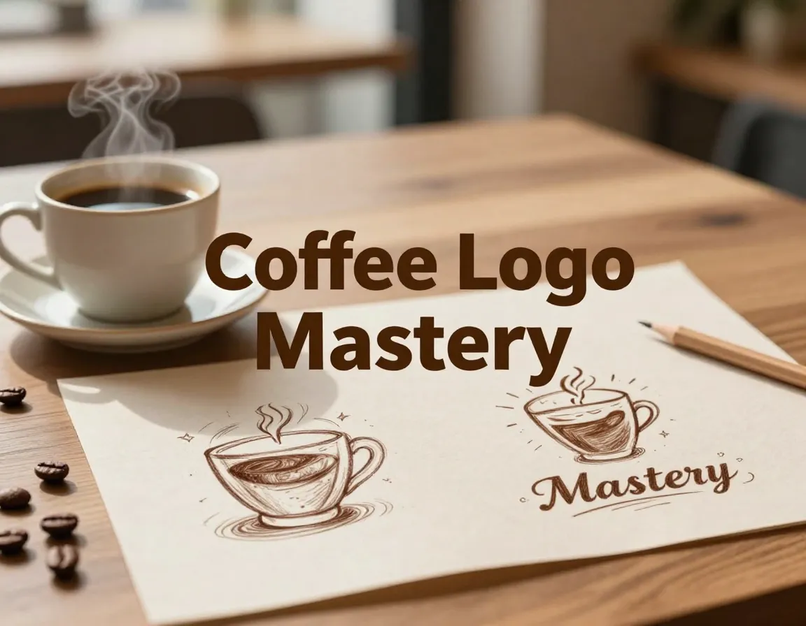 Designer sketching coffee logo with cup and beans on desk