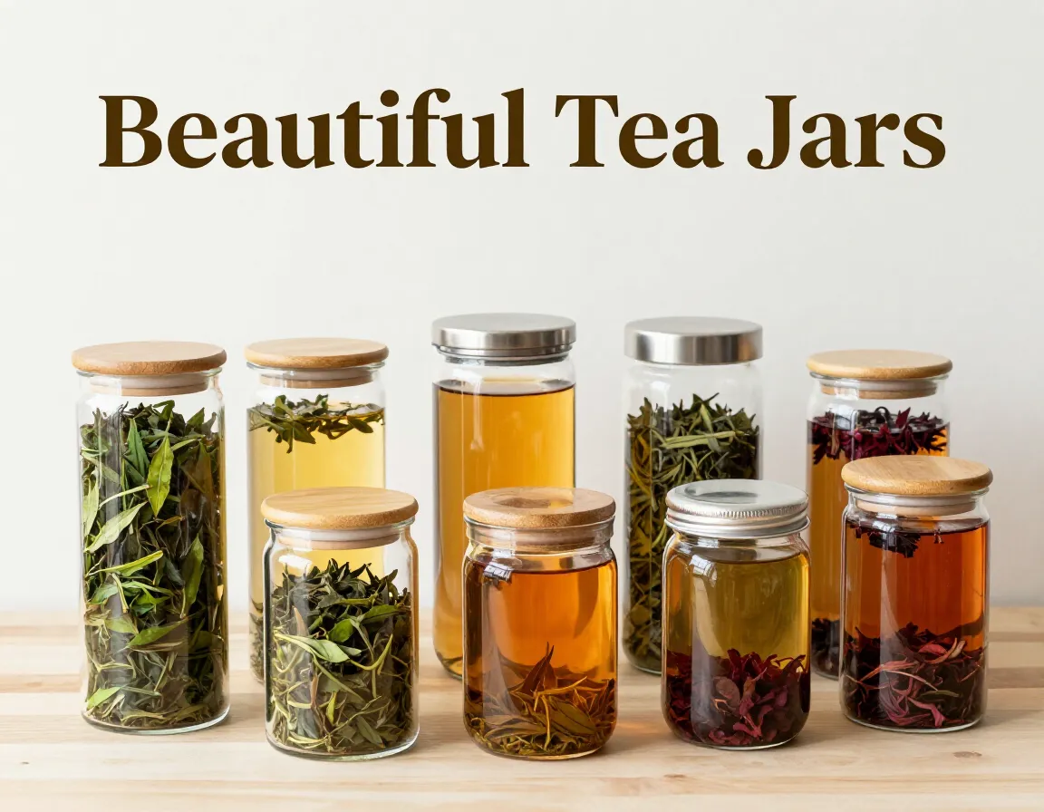 Eight glass tea jars showcasing loose leaf blends