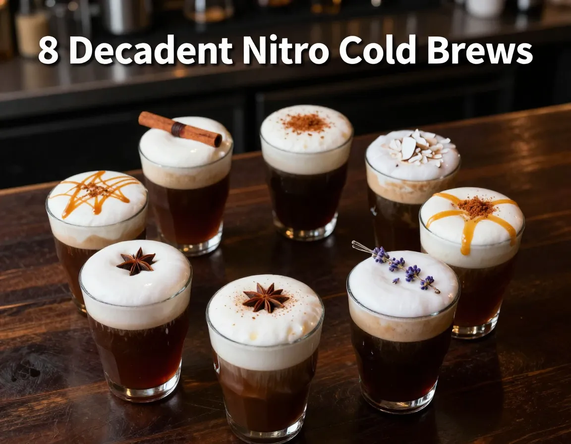 Eight vanilla sweet cream nitro cold brew variations flat lay