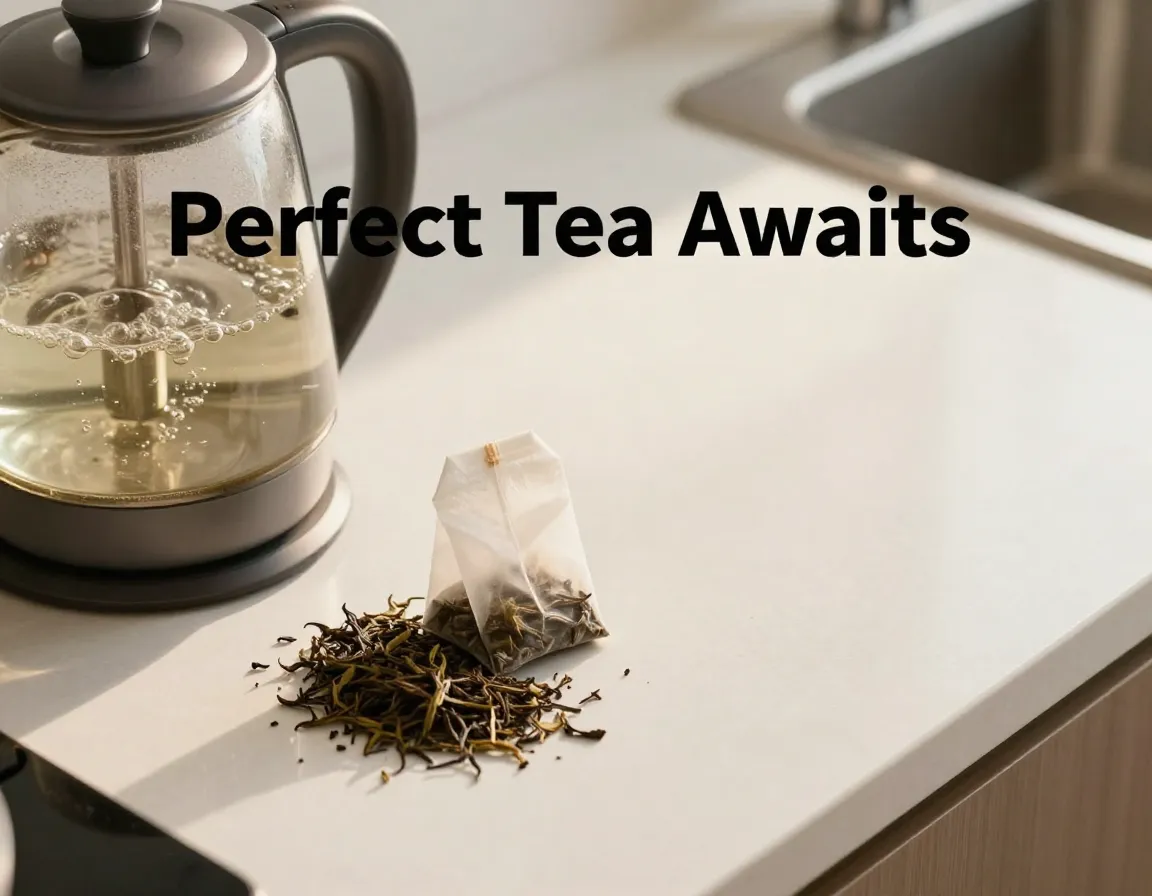 Glass kettle water bubbles tea leaves morning sunlight counter