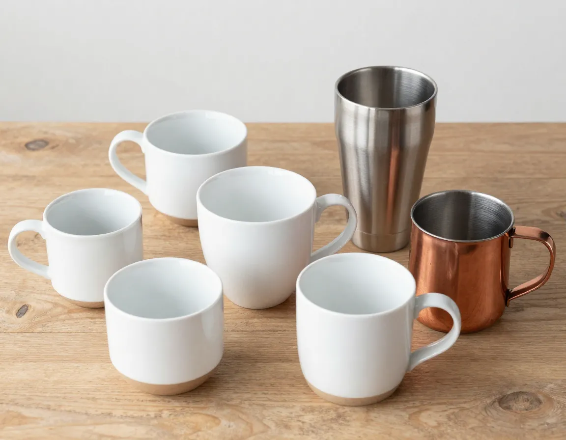 Various sizes of ceramic and steel coffee cups arranged on wooden table