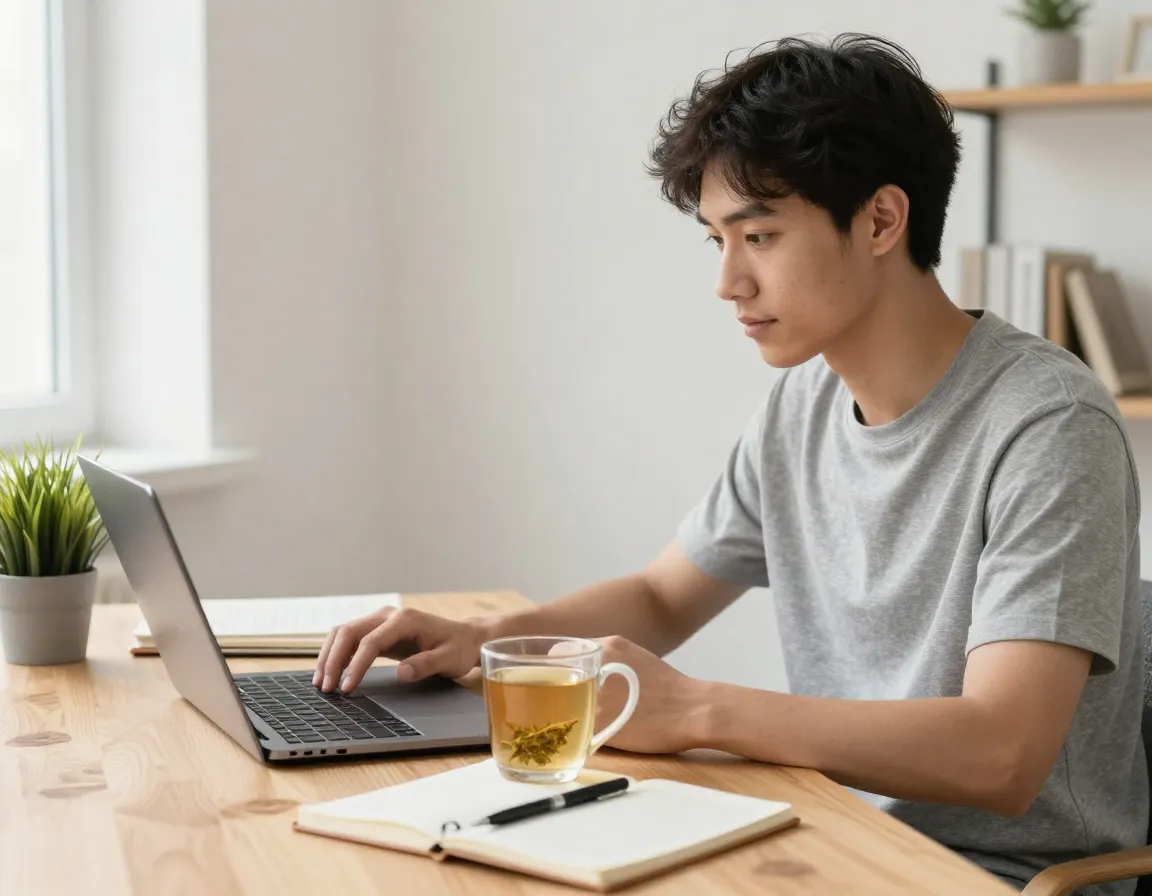 A student studying with a focused expression and a mug of lemon balm tea