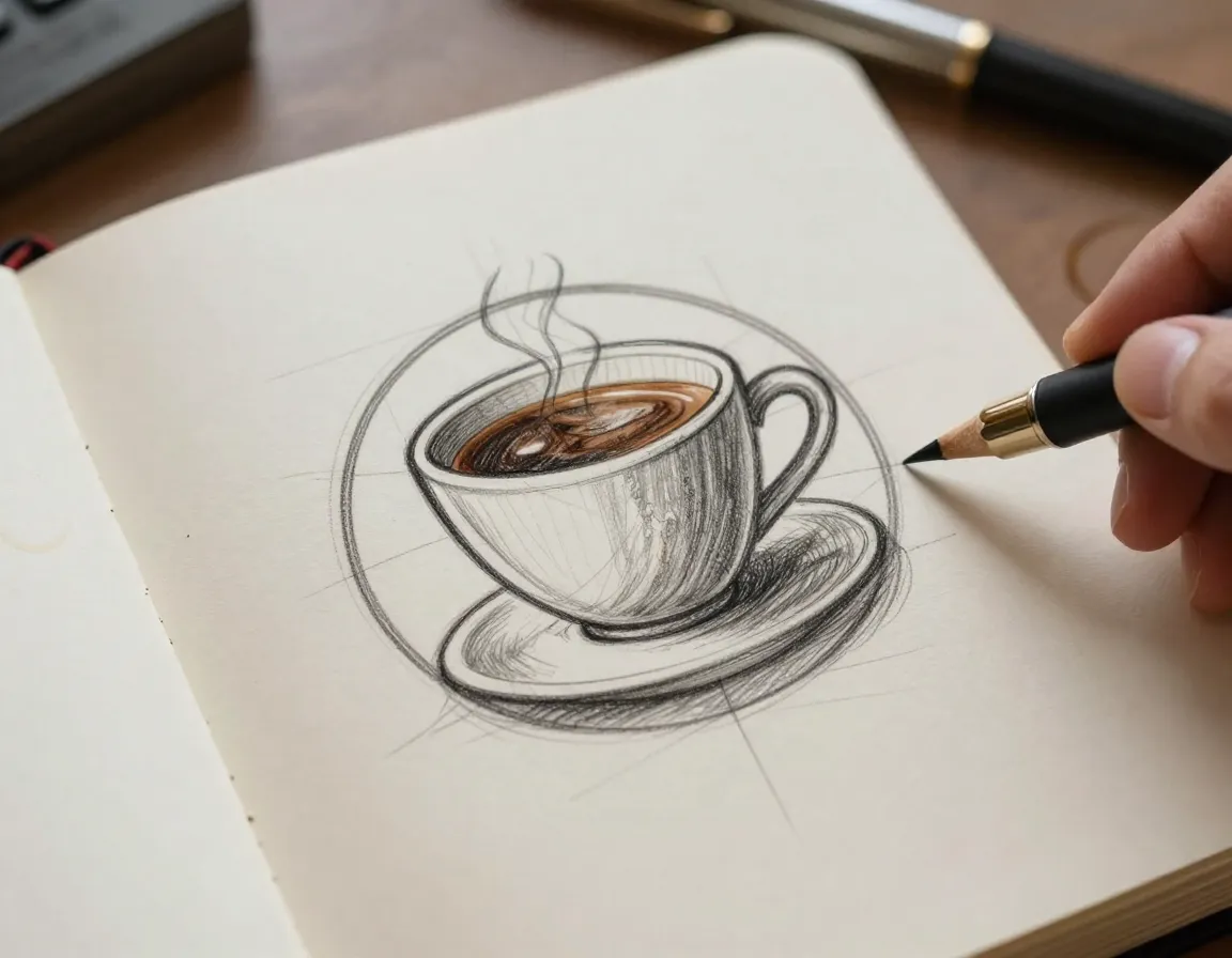 Hand drawn coffee logo with engraving lines and pencil texture details