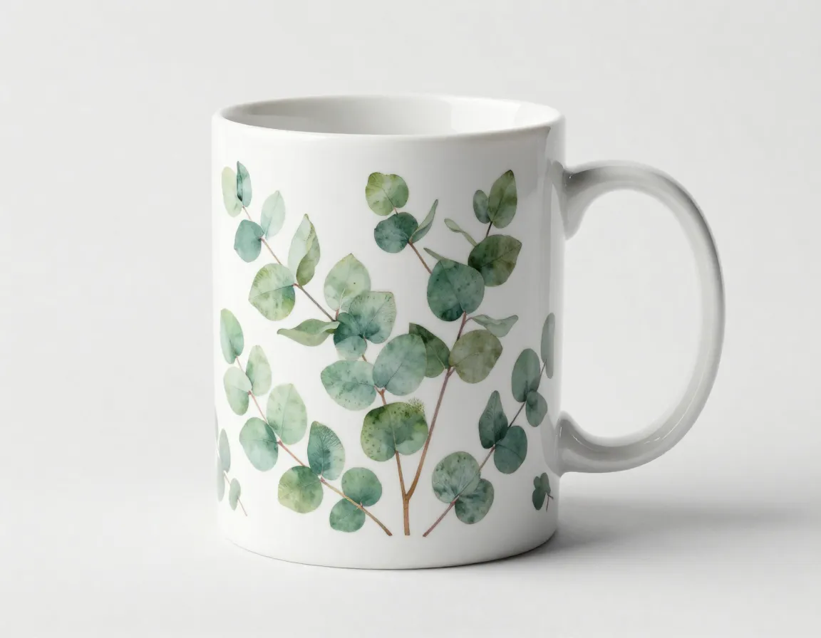 Wraparound botanical eucalyptus leaf pattern on tall white ceramic mug