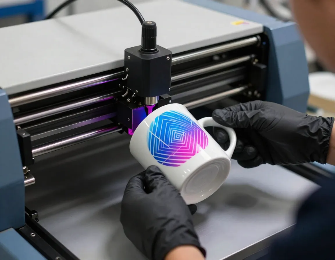 Professional printer applying vibrant uv ink design to ceramic mug