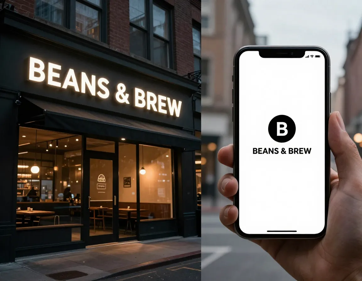 Versatile coffee shop logo on storefront sign and mobile phone screen