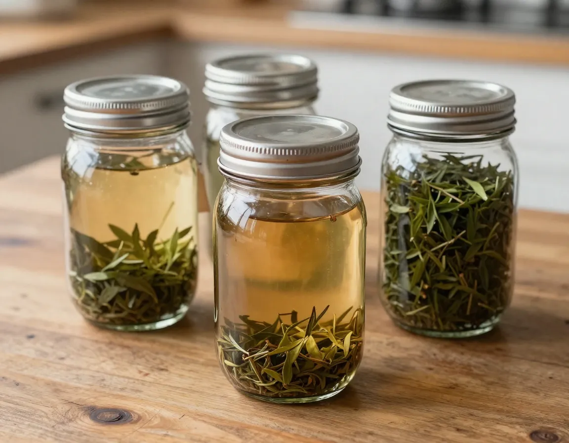 Wide mouth mason jars with loose leaf tea on rustic table