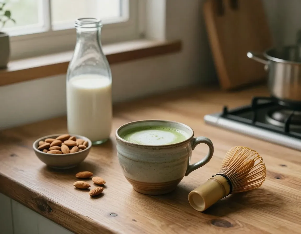 Almond milk light nutty matcha latte in rustic kitchen