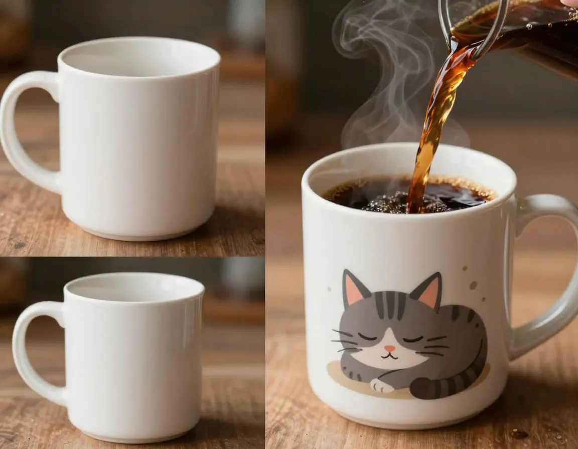 Heat activated mug revealing hidden cat illustration with hot coffee