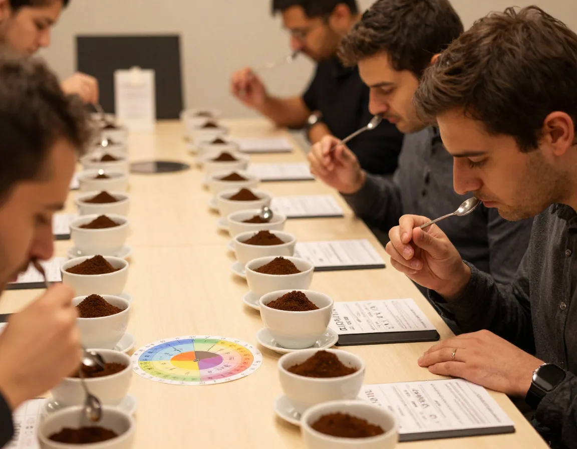 Sensory skills training professional coffee cupping with spoons and flavor wheel