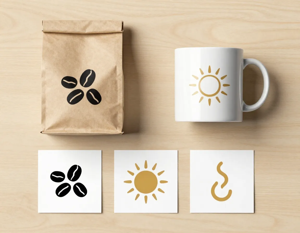 Supporting coffee brand icons minimalist bean cluster and sun symbol