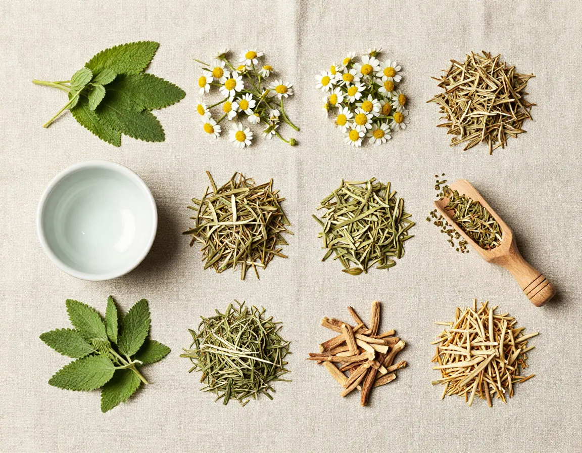 A beautiful arrangement of dried lemon balm chamomile and valerian herbs