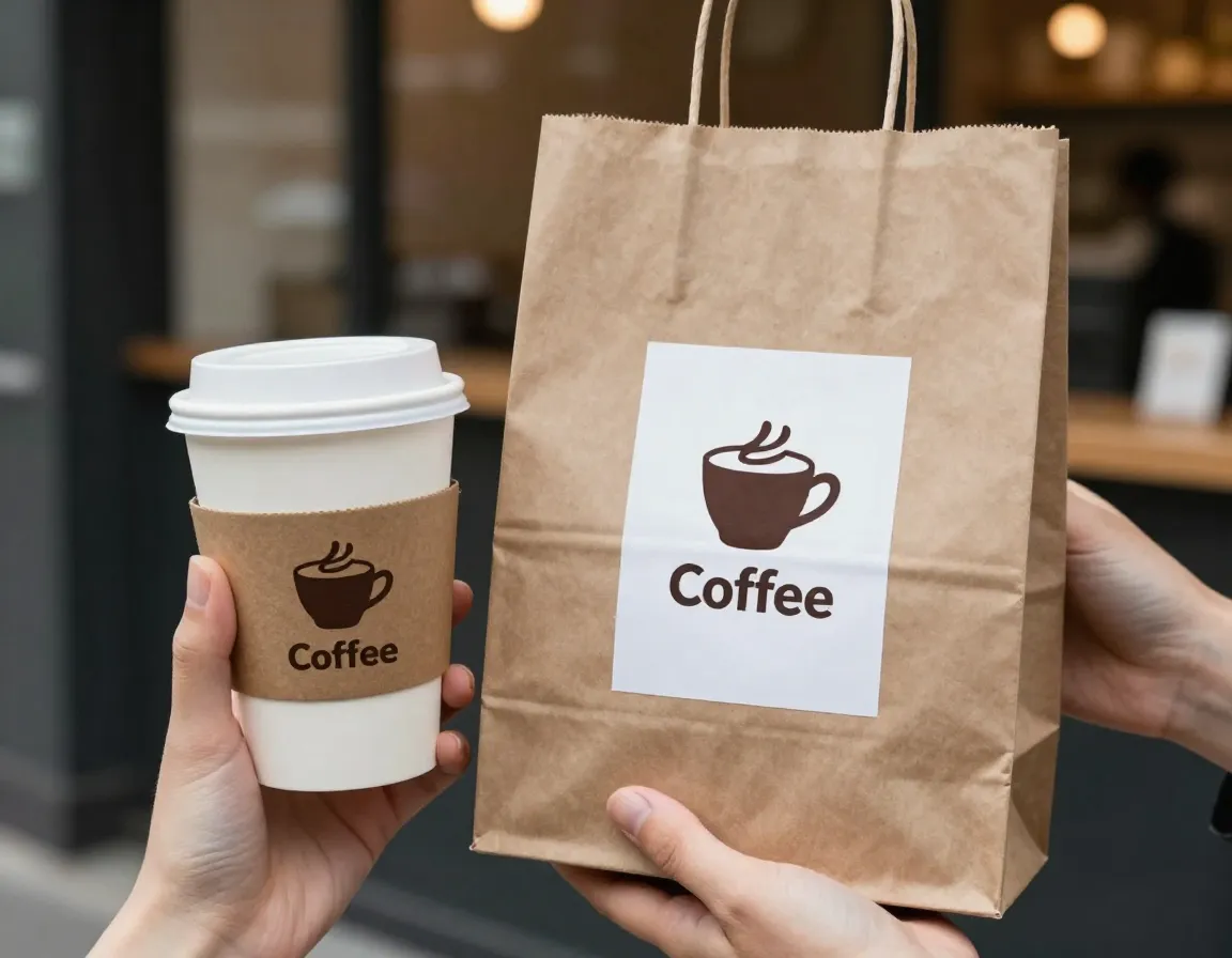 Coffee logo mockup tested on cup sleeve and kraft paper packaging bag