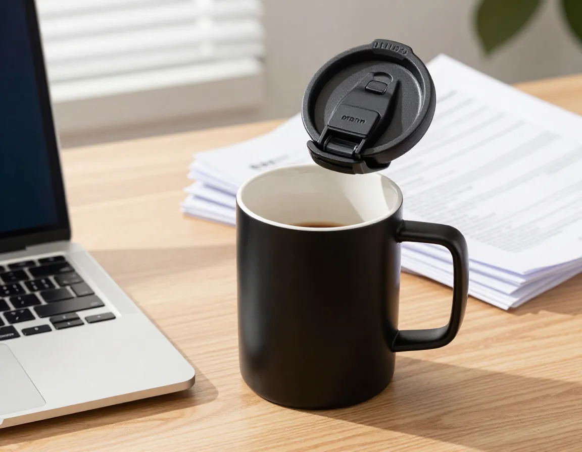 Contigo autoseal ceramic interior coffee mug on an office desk