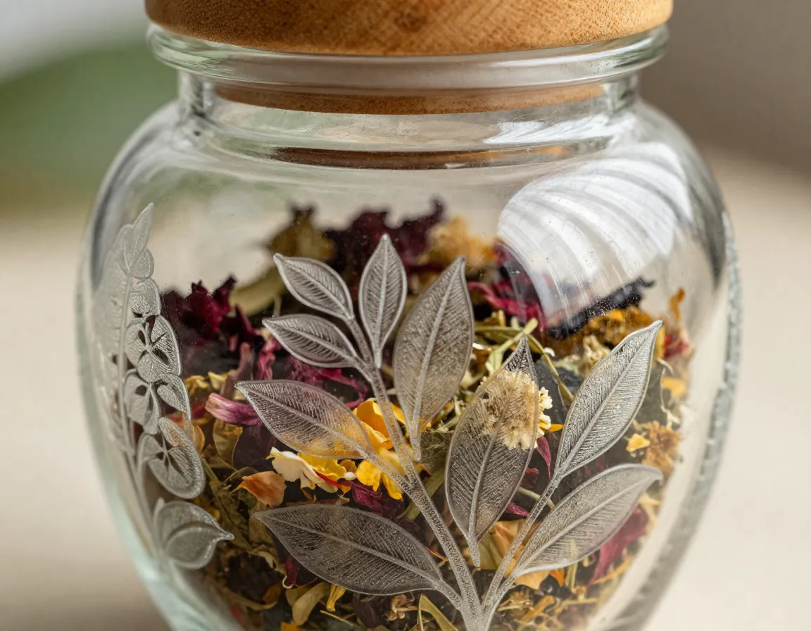 Hand etched glass tea jar with botanical motifs and herbal blend