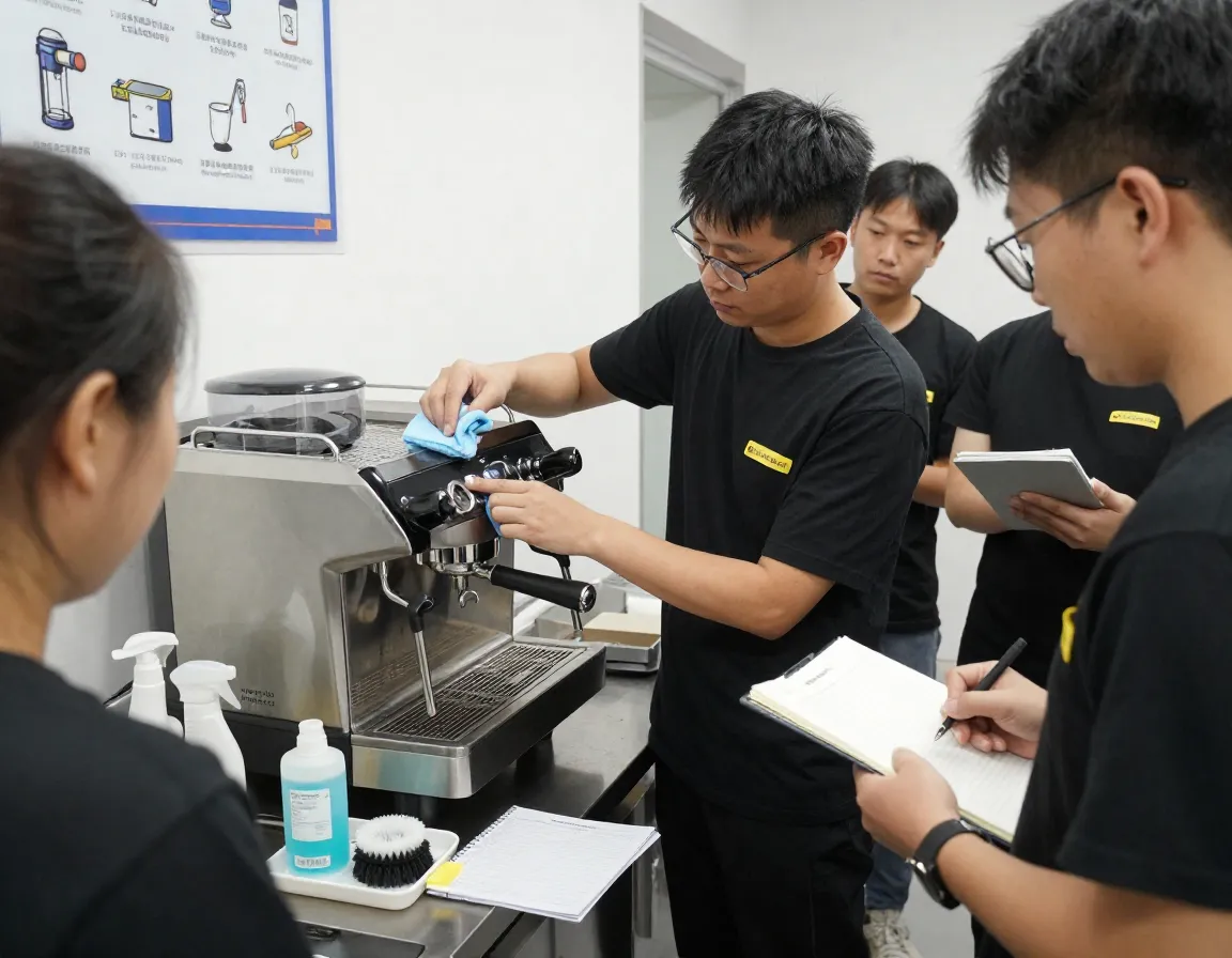 Business operations safety training staff learning equipment cleaning procedures