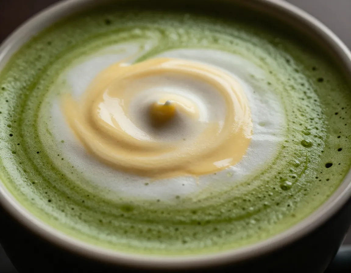 Cashew milk buttery creamy luxurious matcha latte close up