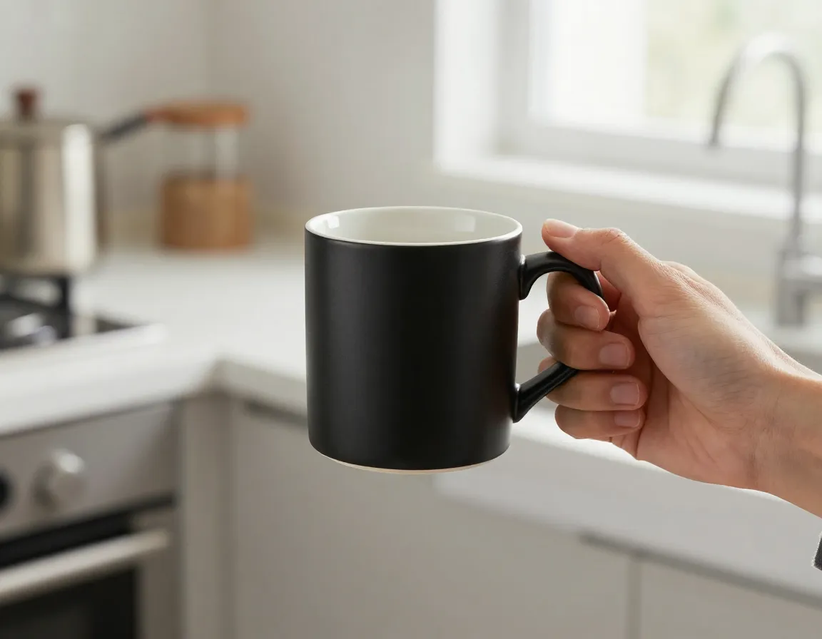 Comfortable hand holding a durable ceramic mug in a modern kitchen