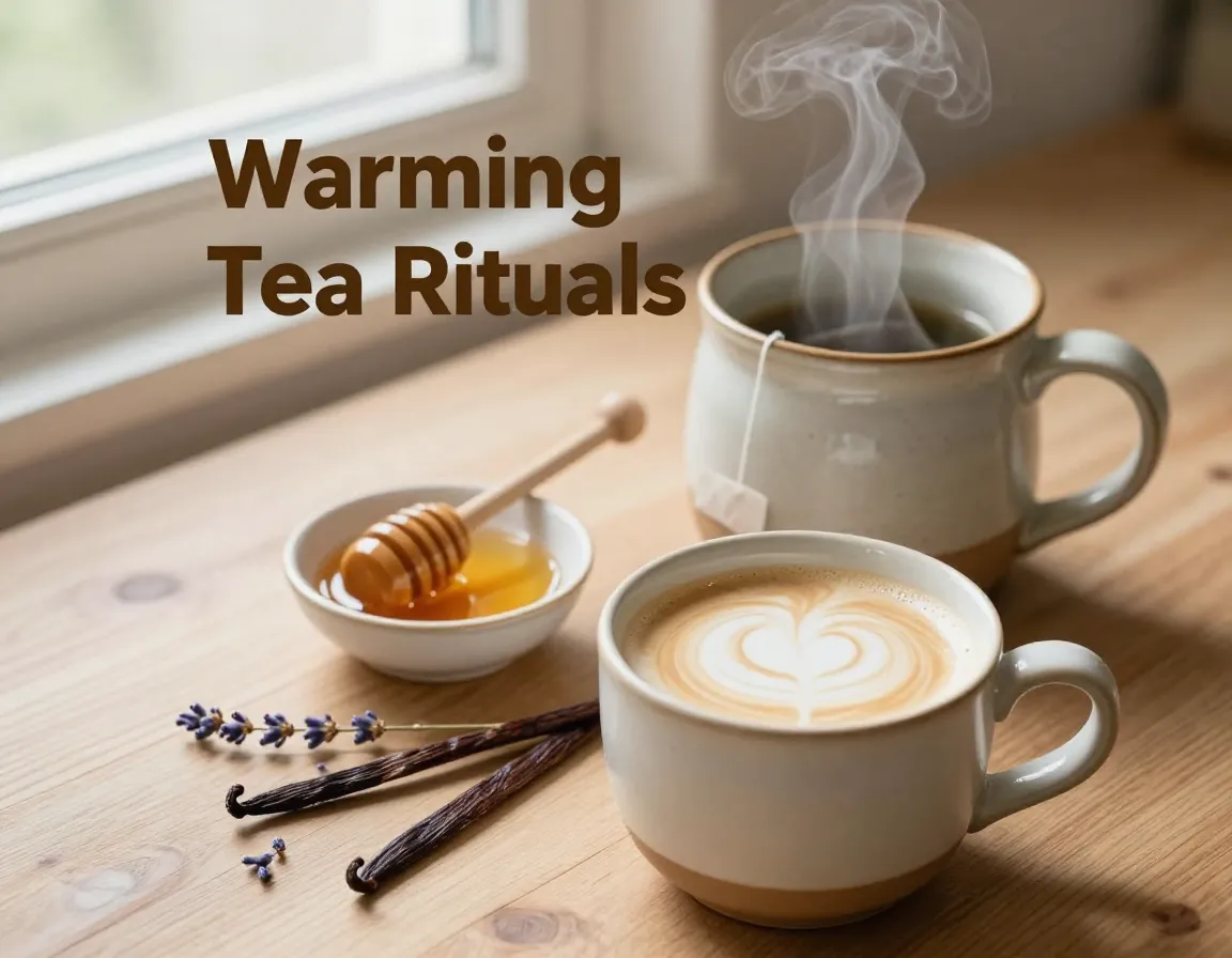 Cozy latte mug steam honey lavender wooden table morning light