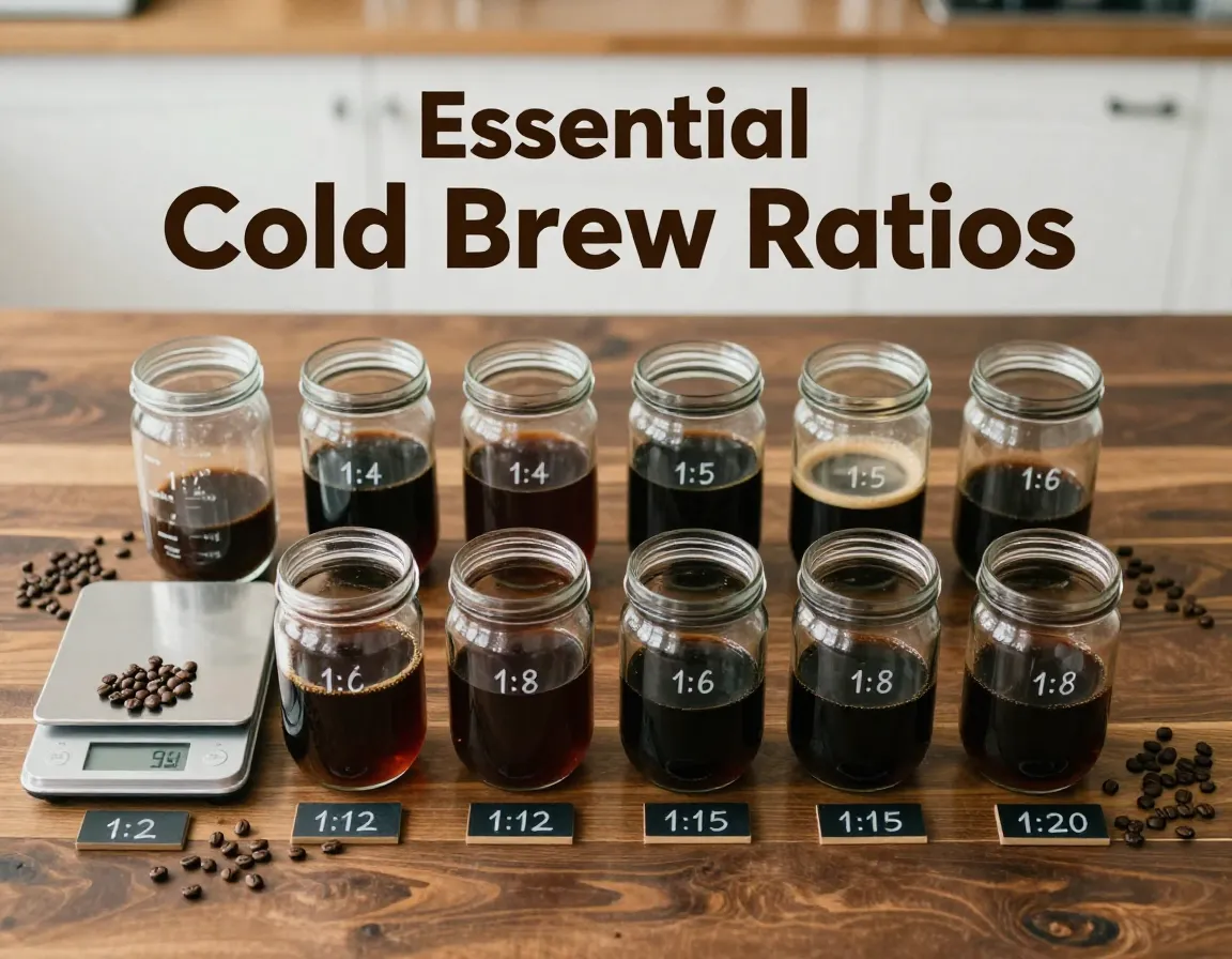 Eight glass jars cold brew concentrate ratios overhead flat lay