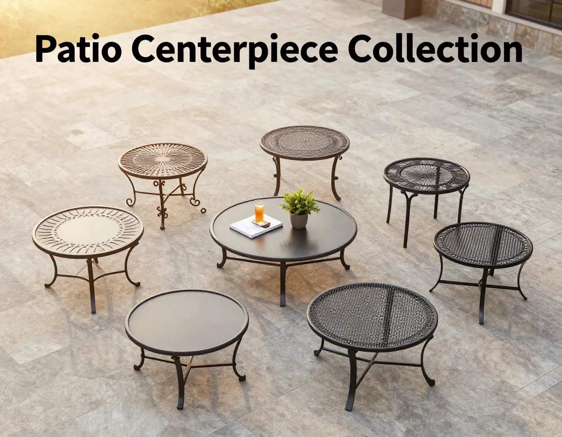 Eight round metal coffee tables on a sunlit stone patio