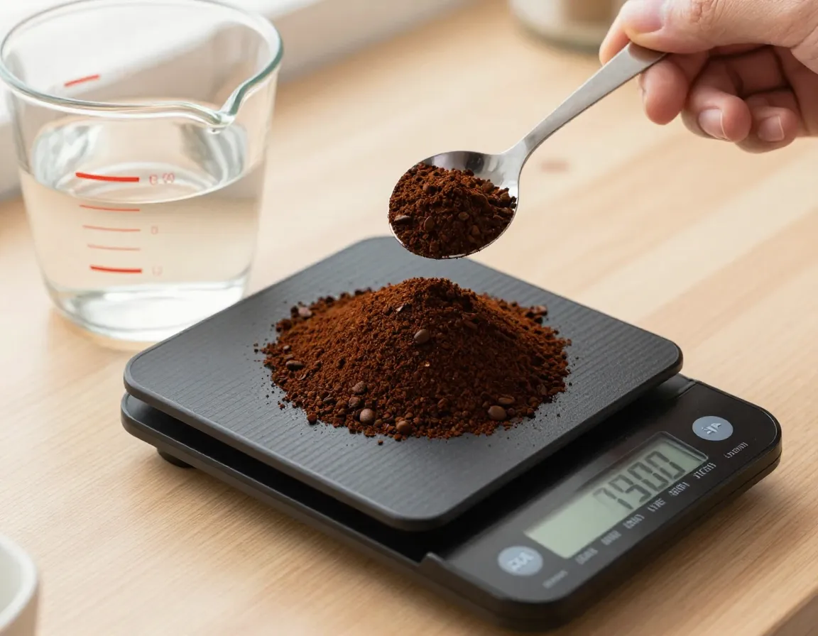 Ultra concentrated coffee syrup with water in kitchen scale measurement