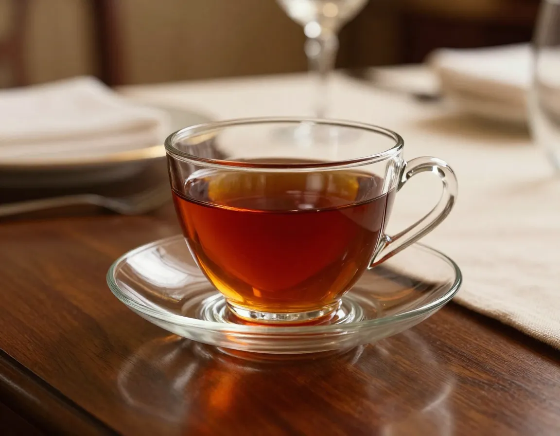 Classic clear glass teacup and saucer on formal dining table