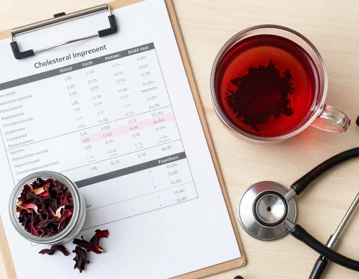 Dramatic cholesterol improvement chart next to hibiscus tea cup