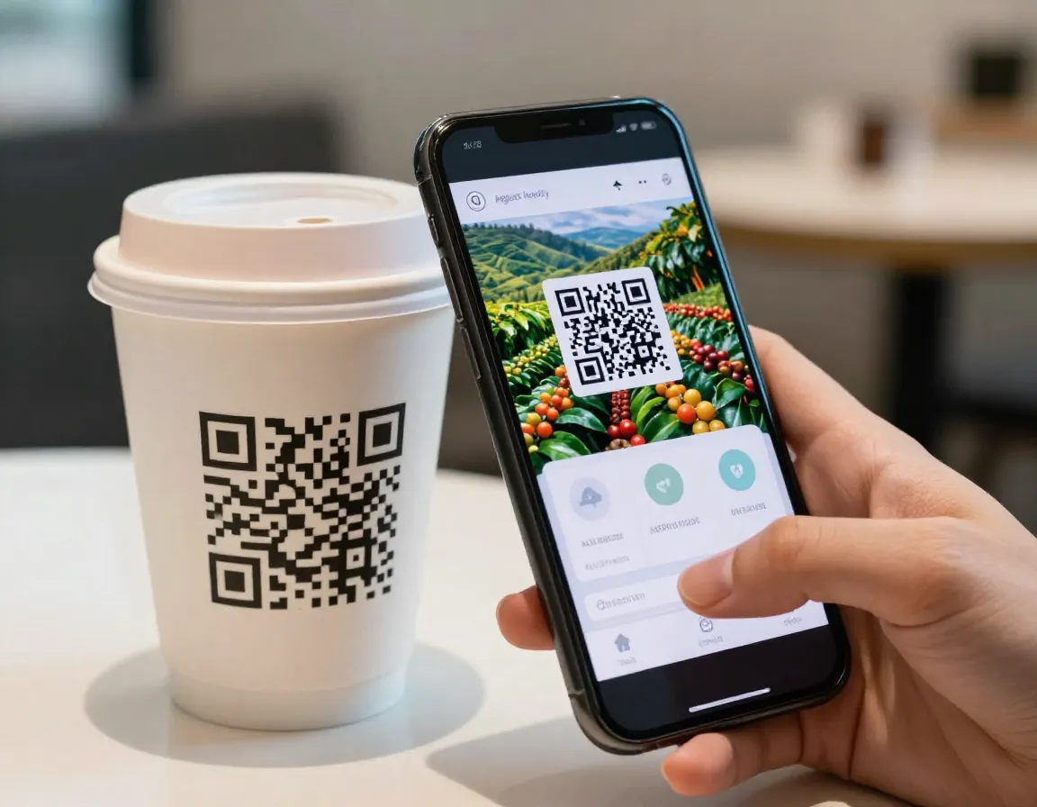 Smartphone scanning augmented reality coffee cup qr code