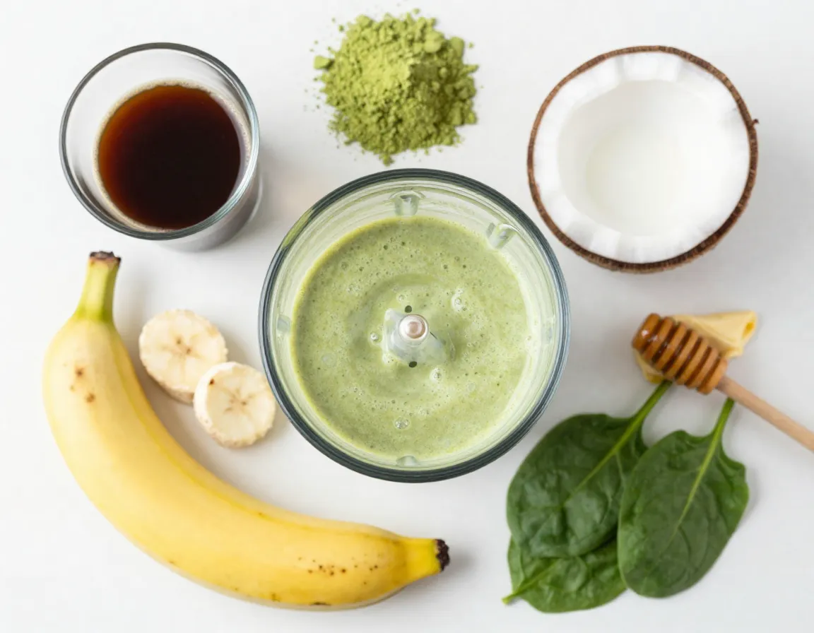 Creamy green matcha coffee smoothie in a blender jar with ingredients