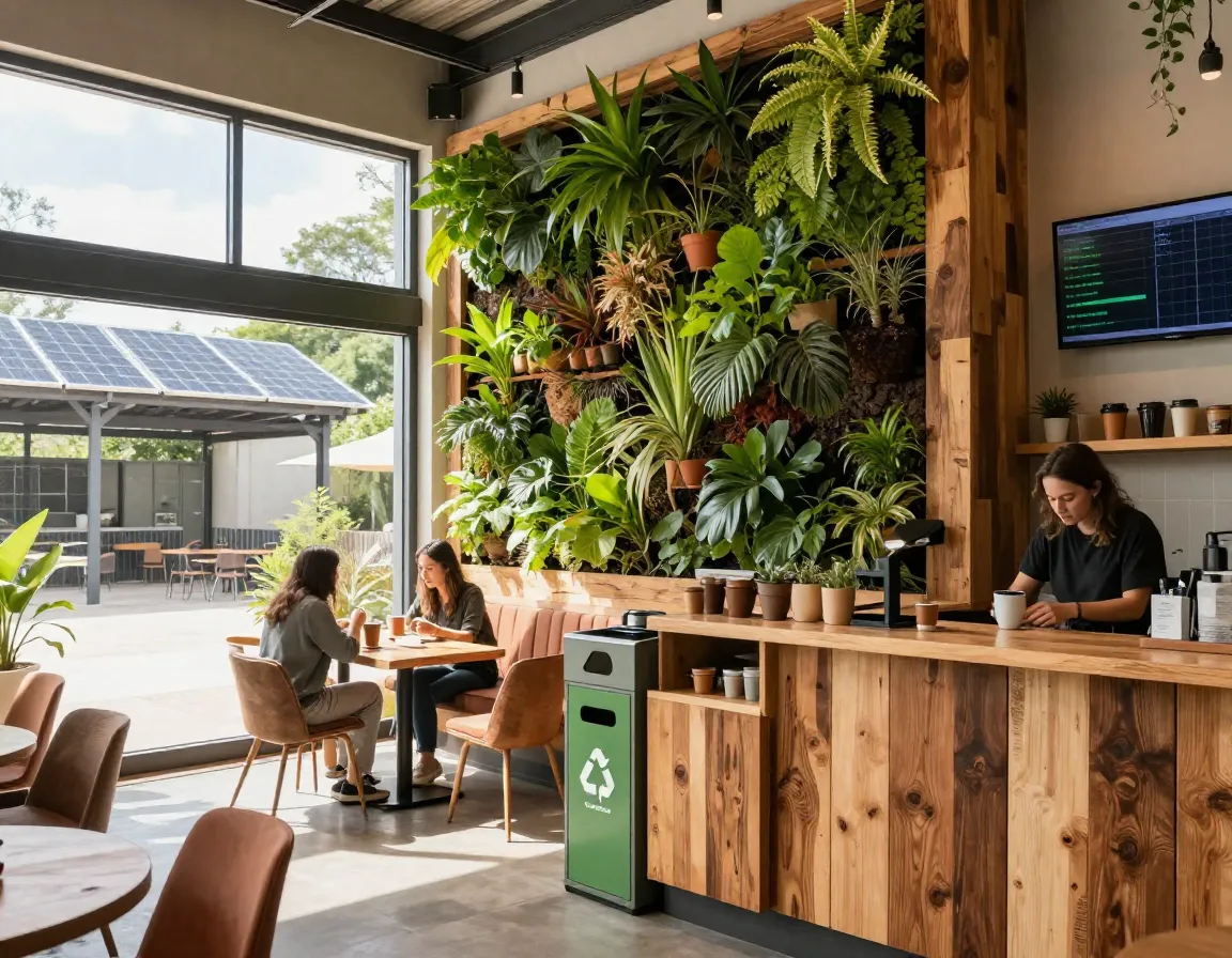 Eco cafe interior with living wall reclaimed wood and visible solar panels