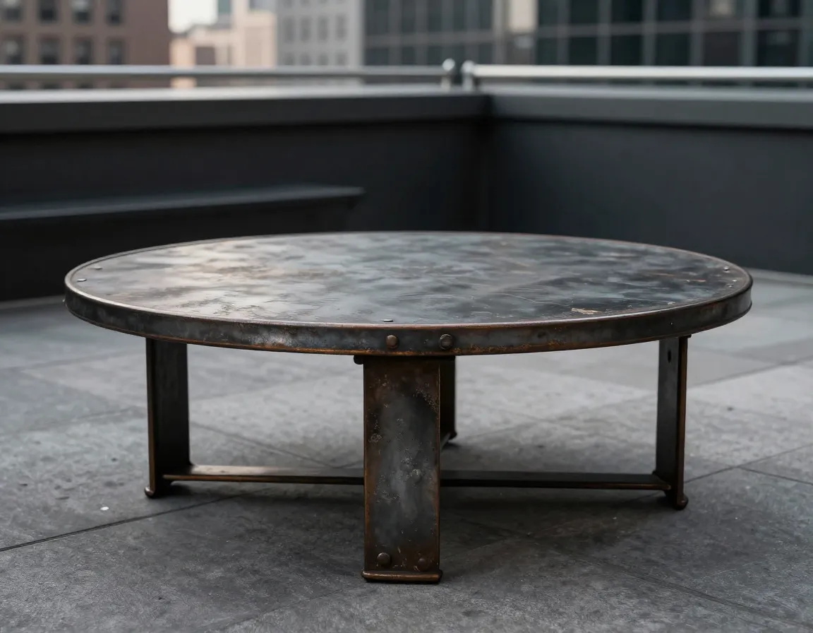 Industrial style distressed metal coffee table in urban outdoor setting