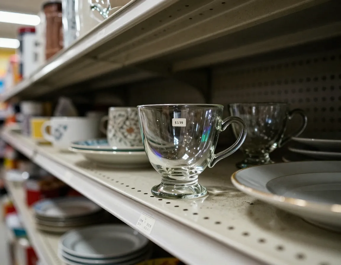 Thrift store shelf with budget vintage glass teacup find