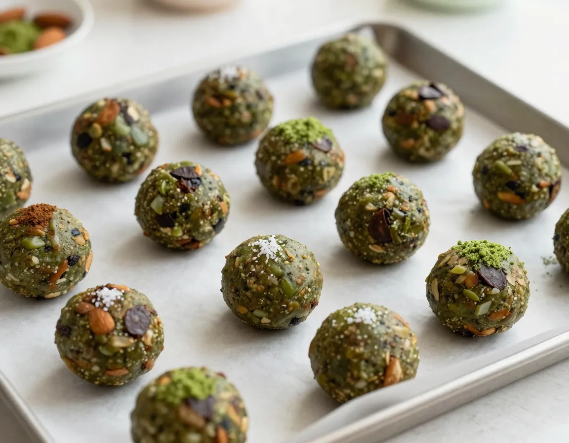 Homemade matcha coffee energy balls arranged on a parchment lined baking sheet