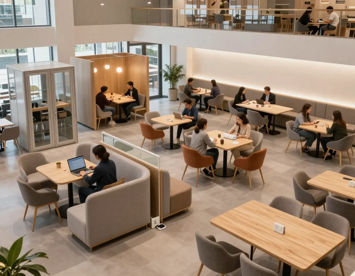 Flexible co working hub with modular furniture private pods and varied zones