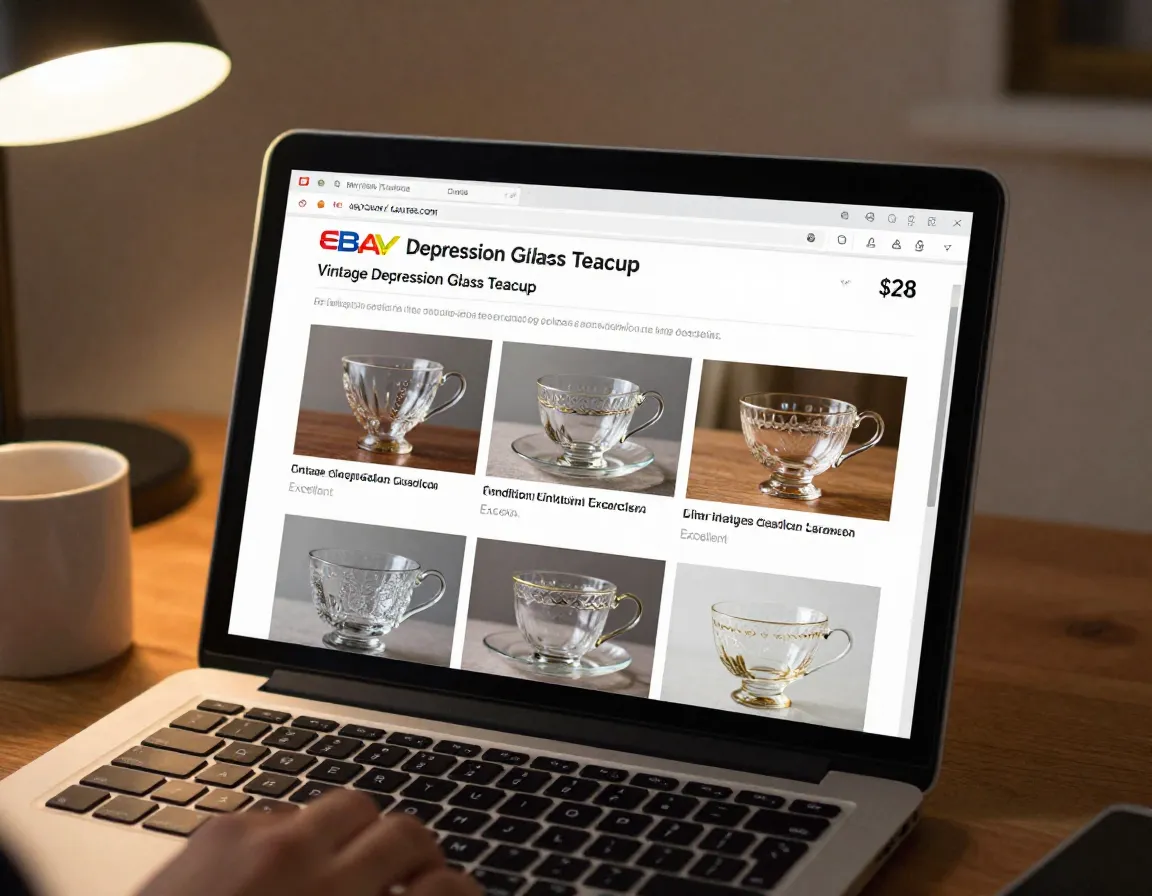 Laptop screen showing ebay auction for vintage glass teacup