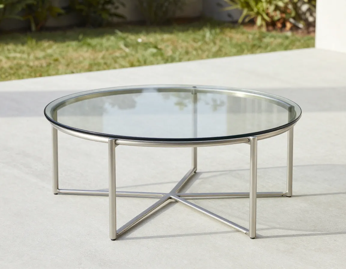 Lightweight aluminum coffee table with tempered glass top on deck