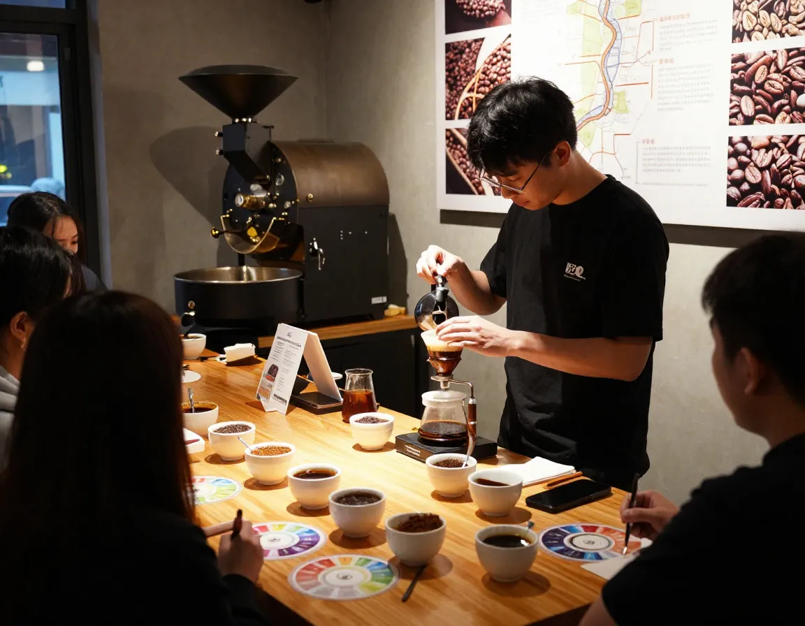 Artisanal coffee experience with open roasting brewing demo and tasting station
