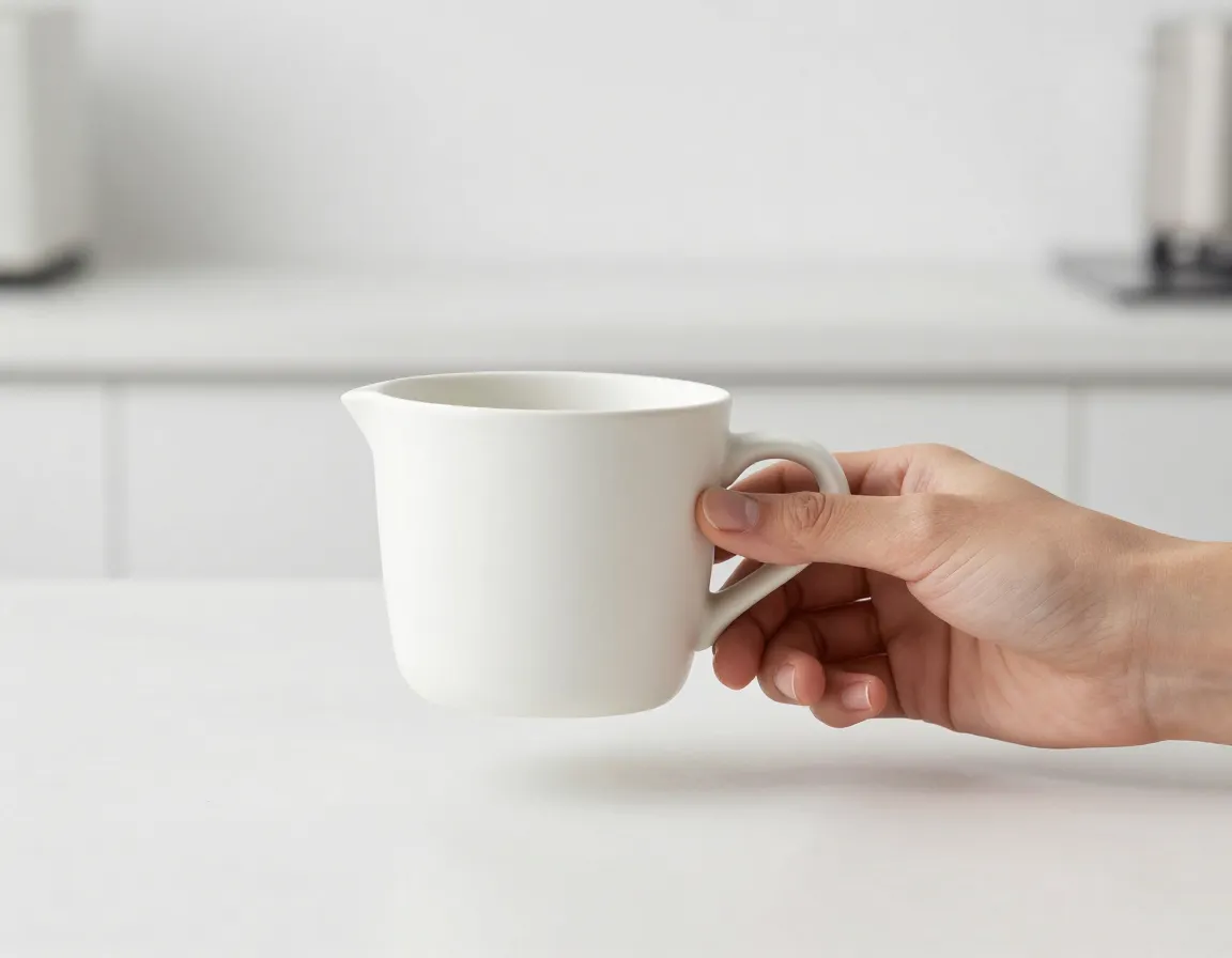 Asymmetrical handleless ceramic cup with thumb rest indentation